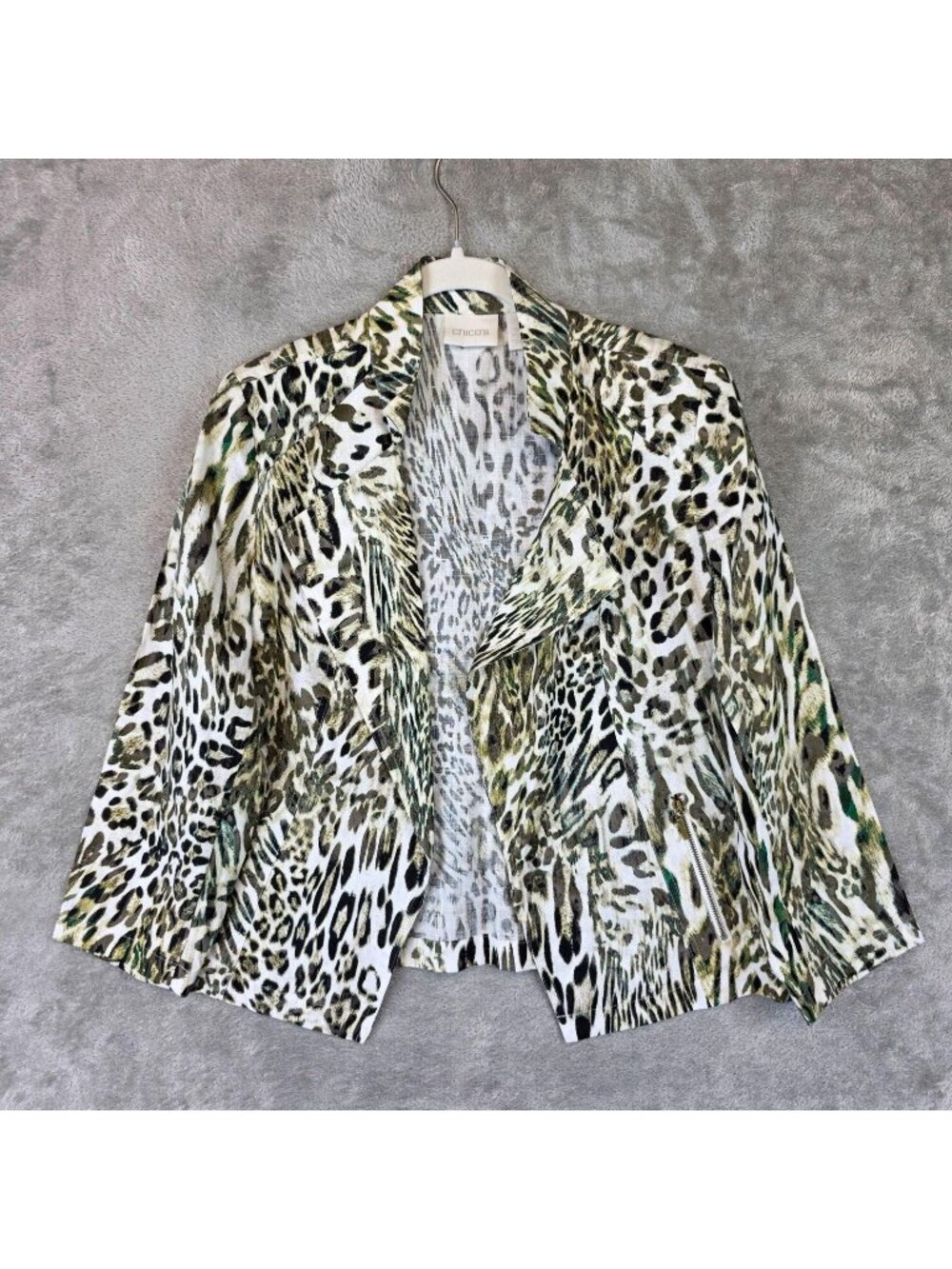 Chicos Jacket Womens Size 1 M Multicolor Linen Leopard Print Zip Pockets Short